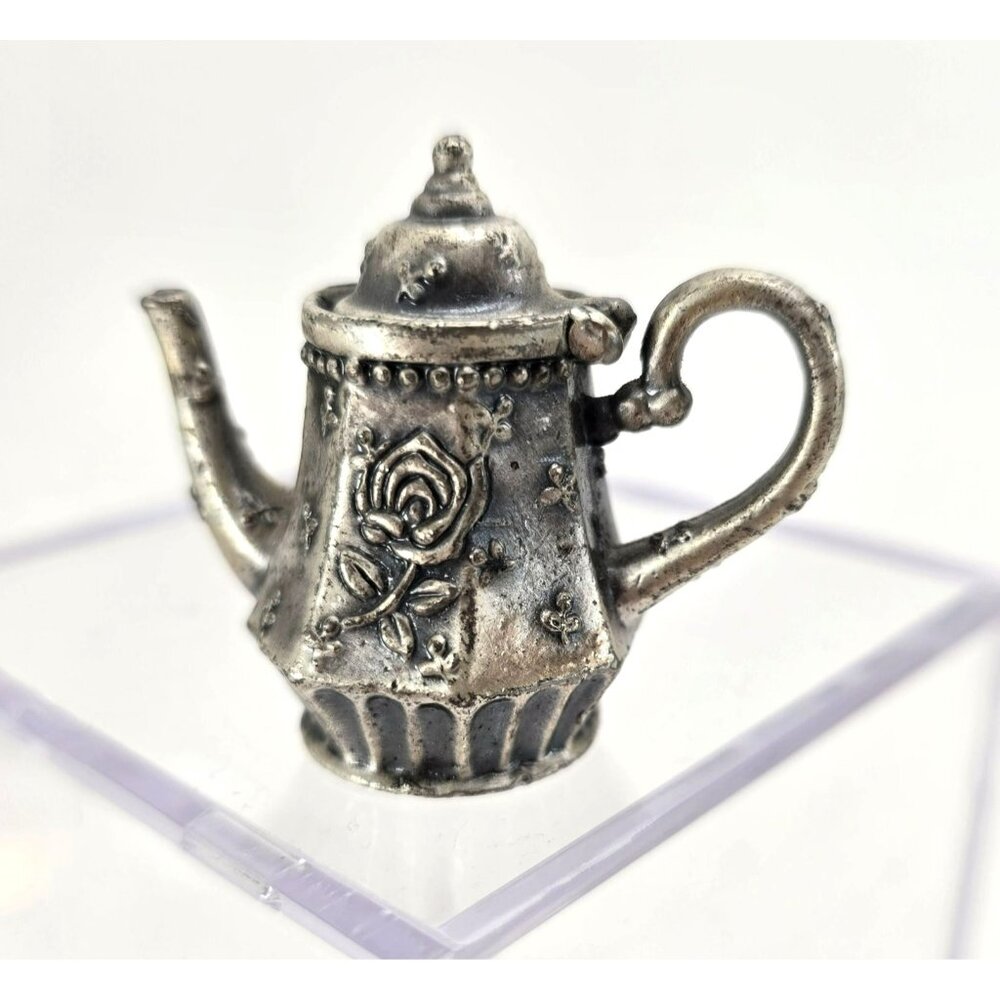 Vintage Pewter Silver Miniature Teapot Figurine With Rose Design Operable je197